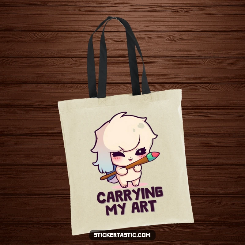 Funny tote bag featuring a mischievous cartoon character winking while holding a rainbow paintbrush, perfect for carrying supplies.