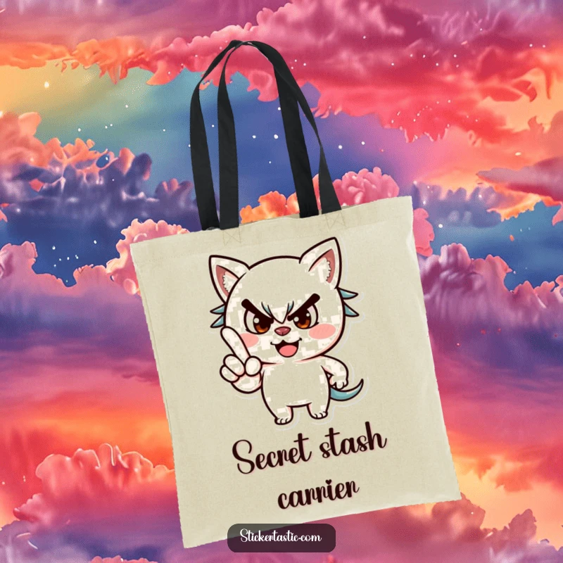 Funny tote bag with a mischievous character giving a playful wink while pointing a finger, embodying cheeky charm.