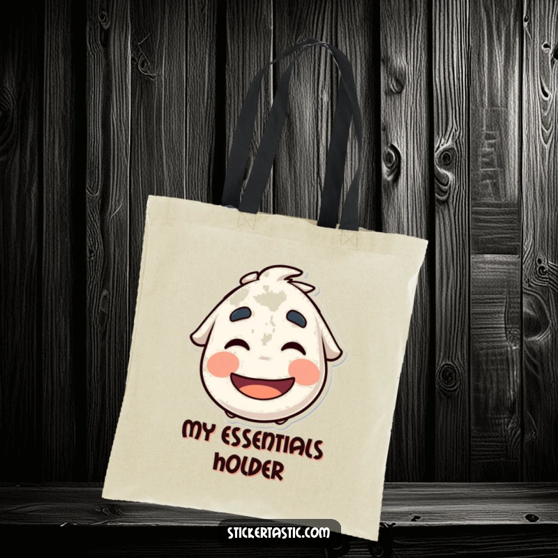 Funny Tote Bag: Features a character wiggling its eyebrows under a cool sticker, perfect for carrying essentials with a humorous flair.