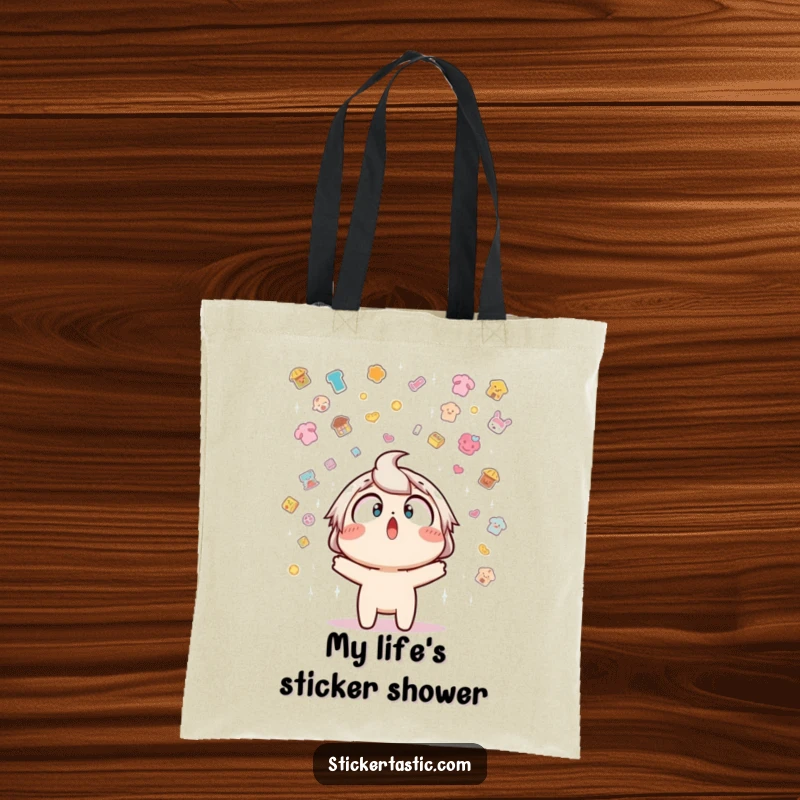 Funny tote bag illustrating a character startled by a downward flow of stickers, emphasizing the joy and surprise of a sticker deluge.